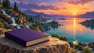 لوحة رقمية لكتاب مغلق بغلاف بنفسجي على صخرة تطل على بحيرة وشلالات