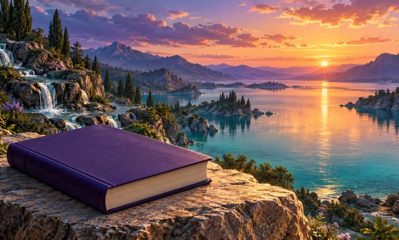 لوحة رقمية لكتاب مغلق بغلاف بنفسجي على صخرة تطل على بحيرة وشلالات