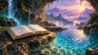 لوحة رقمية لكتاب مفتوح بصفحات بيضاء وقطرة تصنع دوائر في بركة بجوار شلال