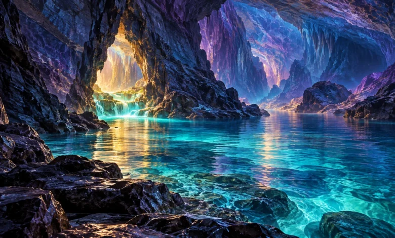 لوحة رقمية لكهف صخري أزرق وبنفسجي تتوسطه مياه فيروزية، مع فتحة مضاءة بالذهب وشلالات صغيرة على اليسار.