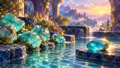 لوحة رقمية لأحجار فيروزية خام وجوهرة ملساء قرب ماء صافٍ، تحيط بها أقواس حجرية ونباتات في ضوء ذهبي.