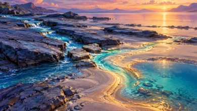 لوحة رقمية لمجرى فيروزي يشق الصخور والرمال نحو بحر وقت الغروب