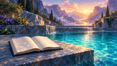 لوحة رقمية لكتاب مفتوح بصفحات بيضاء خالية على شرفة حجرية بجانب مياه فيروزية وشلالات صغيرة، وخلفها جبال وضوء ذهبي.