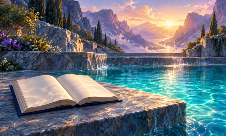 لوحة رقمية لكتاب مفتوح بصفحات بيضاء خالية على شرفة حجرية بجانب مياه فيروزية وشلالات صغيرة، وخلفها جبال وضوء ذهبي.