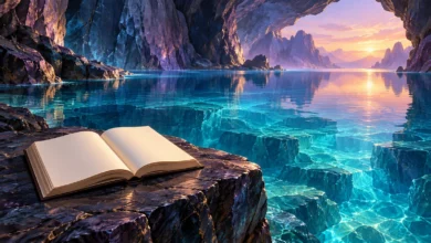لوحة رقمية لكتاب مفتوح بصفحات خالية على صخرة بجوار مياه فيروزية داخل كهف بنفسجي يطل على ضوء ذهبي.