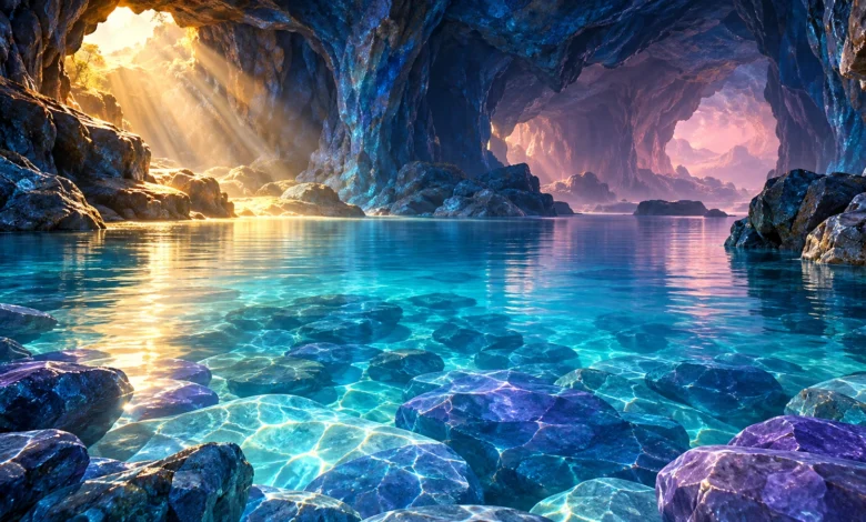 لوحة رقمية لماء فيروزي صافٍ يكشف حجارة زرقاء داخل مغارة، تتخللها أشعة ذهبية وضوء وردي بعيد.