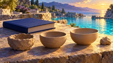لوحة رقمية لكتاب أزرق بلا كتابة وثلاثة أوعية طينية متفاوتة الصقل على سطح حجري، بجوار مياه فيروزية وضوء ذهبي.