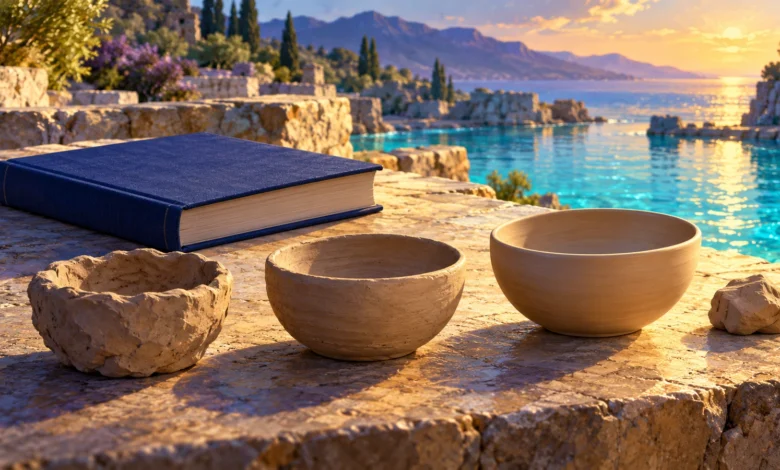 لوحة رقمية لكتاب أزرق بلا كتابة وثلاثة أوعية طينية متفاوتة الصقل على سطح حجري، بجوار مياه فيروزية وضوء ذهبي.