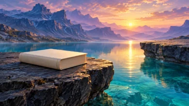 لوحة رقمية لكتاب عاجي مغلق على صخرة بجوار ماء فيروزي، وخلفه جبال بنفسجية وضوء ذهبي عند الأفق.