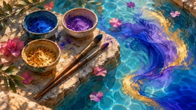لوحة رقمية لثلاثة أوعية أصباغ وفرشاتي رسم على حجر بجوار ماء فيروزي تتماوج فيه ألوان زرقاء وبنفسجية وذهبية.