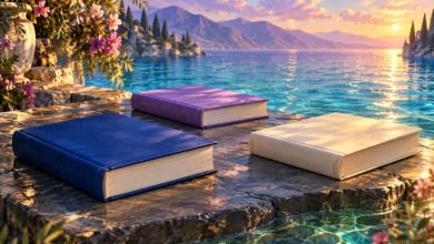 لوحة رقمية لثلاثة كتب مغلقة بأغلفة زرقاء وبنفسجية وعاجية خالية من الكتابة، على صخر بجوار ماء فيروزي وأزهار.