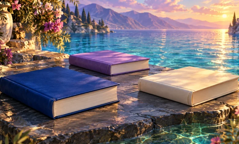 لوحة رقمية لثلاثة كتب مغلقة بأغلفة زرقاء وبنفسجية وعاجية خالية من الكتابة، على صخر بجوار ماء فيروزي وأزهار.