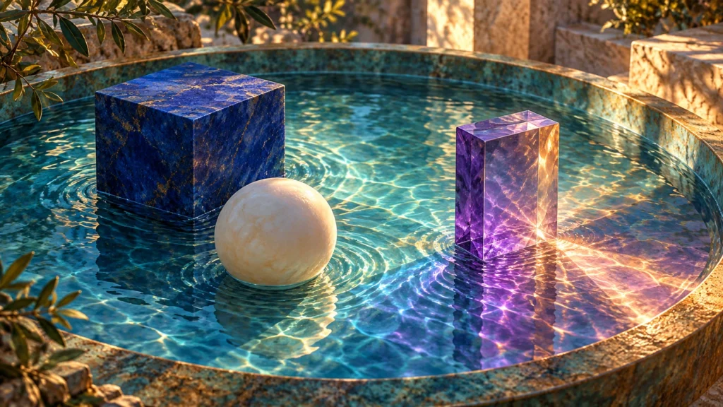 لوحة رقمية لمكعب أزرق وكرة عاجية وكتلة زجاجية بنفسجية داخل حوض ماء فيروزي تتراقص فيه انعكاسات ذهبية.
