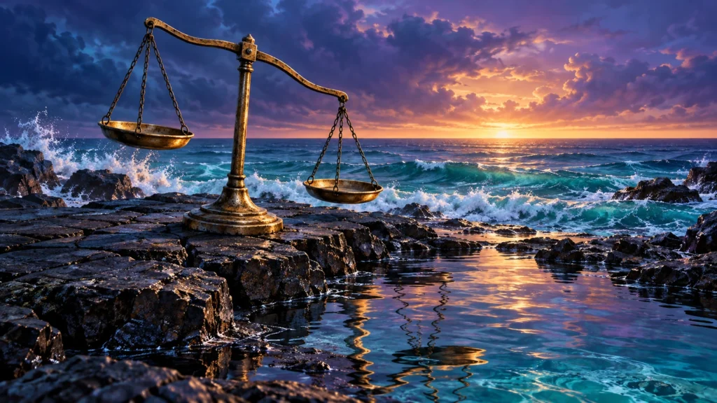 لوحة رقمية لميزان نحاسي مائل بكفتين فارغتين فوق صخور داكنة، أمام بحر فيروزي وأفق ذهبي وانعكاس متموج.
