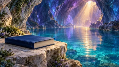 لوحة رقمية لكتاب أزرق مغلق بلا كتابة على رف صخري، بجانب ماء فيروزي داخل كهف أزرق وبنفسجي تضيئه أشعة ذهبية.