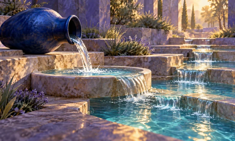 لوحة رقمية لجرة خزفية زرقاء مائلة تصب الماء في حوض حجري يفيض إلى برك متدرجة، وسط نباتات وضوء ذهبي.