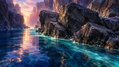 لوحة رقمية لصخور داكنة ضخمة بمحاذاة مجرى أزرق وفيروزي، يتسلل إليه ضوء ذهبي بين جدران الوادي.