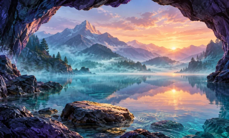 لوحة رقمية لبحيرة فيروزية وجبال يلفها الضباب، يؤطرها مدخل كهف صخري وينعكس عليها ضوء شروق ذهبي ووردي.