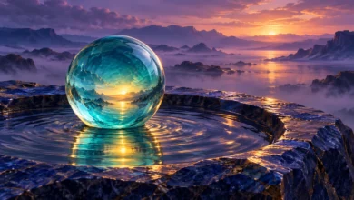 لوحة رقمية لكرة زجاجية فيروزية تعكس الأفق الذهبي وسط بركة دائرية وتموجات ماء، وخلفها جبال بنفسجية وضباب.