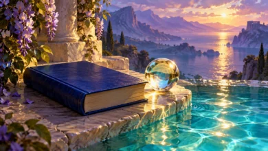 لوحة رقمية لكتاب أزرق مغلق وكرة زجاجية على حافة حجرية بجوار مياه فيروزية وأزهار بنفسجية وضوء ذهبي.