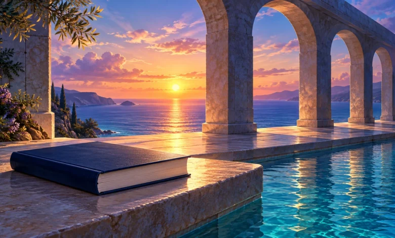 لوحة رقمية لكتاب أزرق مغلق بلا كتابة على حافة حجرية بجانب ماء فيروزي، وخلفه أقواس مطلة على البحر وشمس ذهبية.