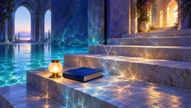 لوحة رقمية لكتاب أزرق مغلق ومصباح مضيء على درجات حجرية بجوار مياه فيروزية، تحت أقواس يغمرها ضوء دافئ.