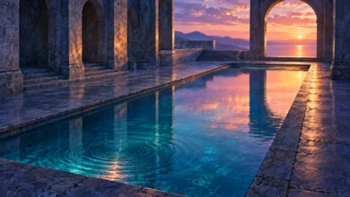 لوحة رقمية لبركة فيروزية مستطيلة في فناء حجري ذي أقواس، تعكس ضوء الغروب وتنتشر على سطحها تموجات دائرية.