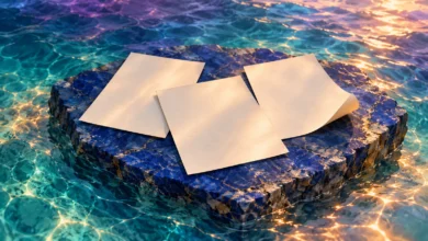 لوحة رقمية لثلاث أوراق عاجية خالية من الكتابة فوق لوح حجري أزرق، تحيط به مياه فيروزية وانعكاسات ذهبية.