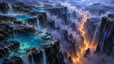 لوحة رقمية لشق جبلي عميق مضيء باللون الذهبي تحيط به صخور داكنة وشلالات زرقاء